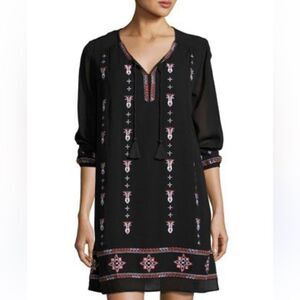 NM M Black White Coral Long Sleeve Embroidered Bohemian Tassel Front Dress